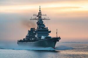 Warship navigating through water at sunset. photo