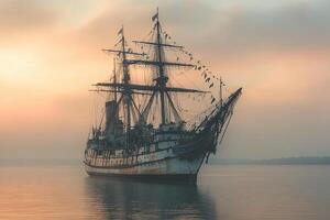 Old ship at sunset with a tranquil water reflection. photo