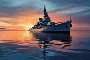 Battleship at sunset reflecting in calm waters. photo