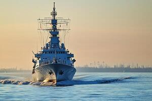 Naval ship navigating through calm waters at sunset. photo