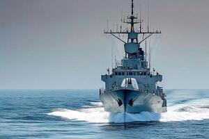 Naval ship navigating through calm waters. photo