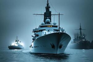 Three ships navigating through a foggy harbor at night. photo