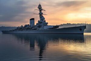 Battleship anchored at sunrise, reflecting on water. photo
