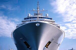 Front view of a large cruise ship against a blue sky. photo