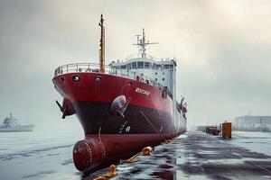 Icebreaker ship docked in foggy harbor. photo