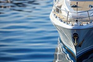 Close-up of a boat's bow on tranquil water. photo