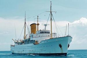 Vintage ship sailing on calm waters under a blue sky. photo