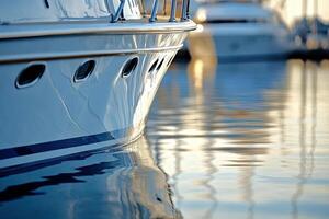 Close-up of a yacht reflecting in calm water. photo