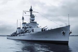 Historic battleship anchored in calm waters. photo