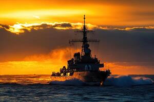 Naval ship navigating through waves at sunset. photo
