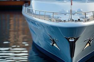 Sleek yacht bow reflecting on calm water surface. photo