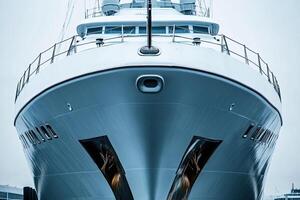 Front view of a sleek yacht docked in a harbor. photo