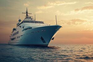Luxury yacht sailing at sunset on calm waters. photo