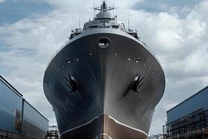 Large ship in dry dock under a cloudy sky. photo