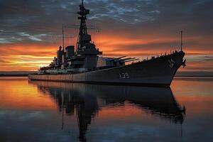 Battleship docked at sunset, reflecting in calm waters. photo
