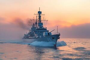 Naval ship navigating through fog at sunset. photo