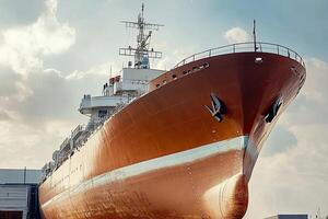 Large ship docked, showcasing industrial design and purpose. photo