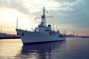 Naval ship docked at sunset, reflecting on water. photo