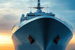 Large ship bow against a colorful sunset sky. photo