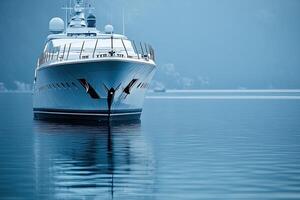 Luxury yacht anchored in calm waters with misty backdrop. photo