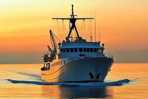 Ship navigating calm waters at sunset. photo
