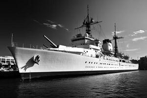 Black and white image of a large ship docked. photo