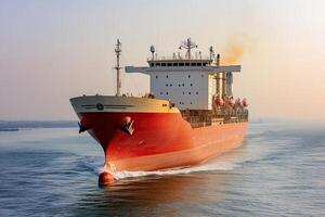 Large cargo ship navigating calm waters at sunset. photo