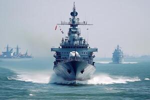 Naval vessels navigating through water. photo
