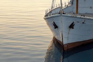 Boat bow reflecting on calm water at sunset. photo