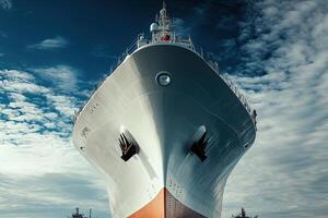 Large ship docked under a cloudy sky. photo