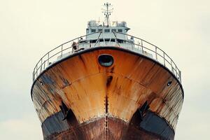 Rusty ship bow against a cloudy sky. photo