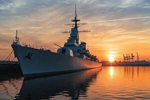 Warship at sunset by the harbor. photo