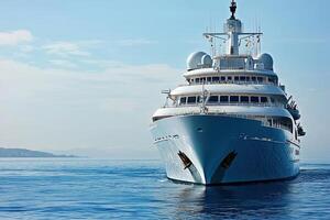 Luxury yacht sailing on calm waters under a clear sky. photo