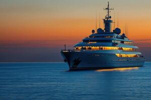 Luxury yacht illuminated at sunset on calm waters. photo