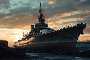 An abandoned ship at sunset, showcasing decay and history. photo