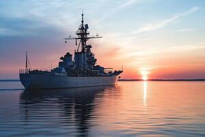 Battleship silhouetted against a vibrant sunset. photo