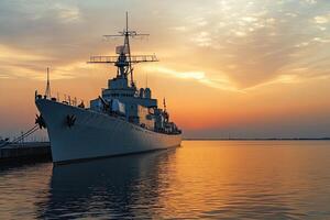 Naval ship docked at sunset by calm waters. photo