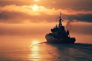 Ship navigating through fog at sunset. photo