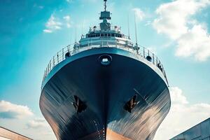 Large ship viewed from below against a blue sky. photo
