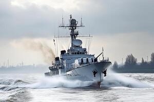 Naval ship navigating through turbulent waters. photo