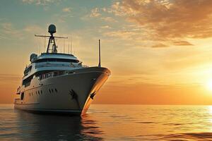 Luxury yacht sailing at sunset on calm waters. photo
