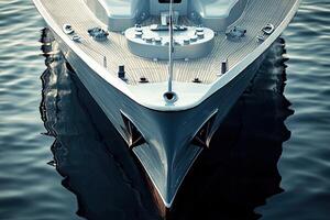 Sleek yacht bow reflecting on calm water surface. photo