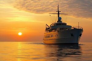 Yacht sailing at sunset over calm waters. photo