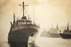 Vintage ships in misty waters create a nostalgic atmosphere. photo