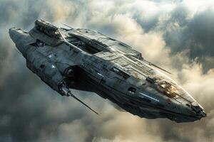 Futuristic spacecraft soaring through cloudy skies. photo