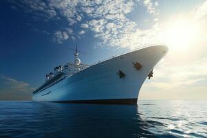 Large cruise ship sailing on calm waters at sunset. photo