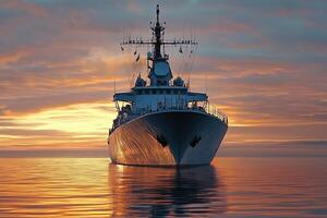 Naval ship at sunset on calm waters. photo