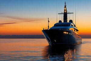Luxurious yacht anchored at sunset on calm waters. photo