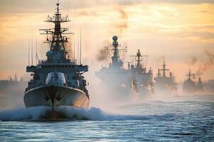Naval ships navigating through misty waters at sunset. photo