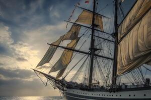 Sailing ship with billowing sails against a dramatic sky. photo